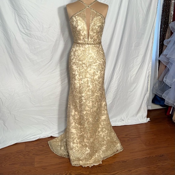 Exquisite Gold embroidered lace gown with dazzling beaded neckline and waistband - Picture 9 of 17